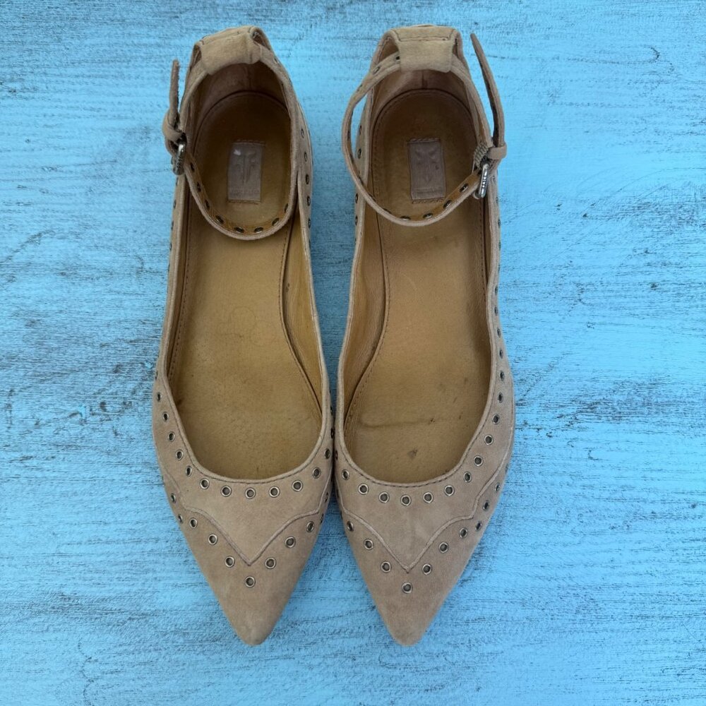 Frye Sienna Grommet Ankle Ballet Flat Suede with Grommet Accents Tan Sz 8.5 - Picture 8 of 10